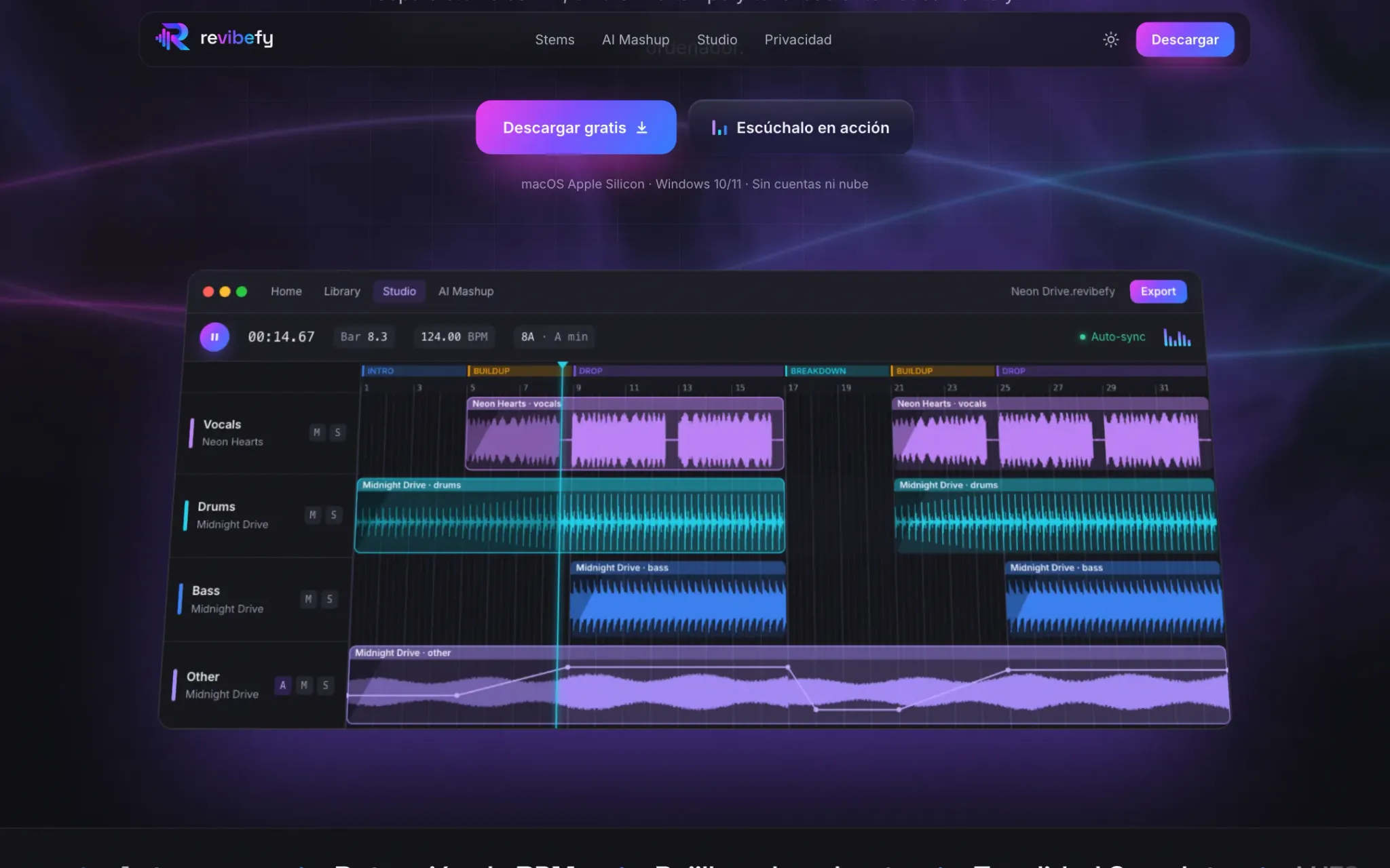El Studio de Revibefy: voces, batería, bajo y otros stems de dos canciones en un timeline multipista a 124 BPM